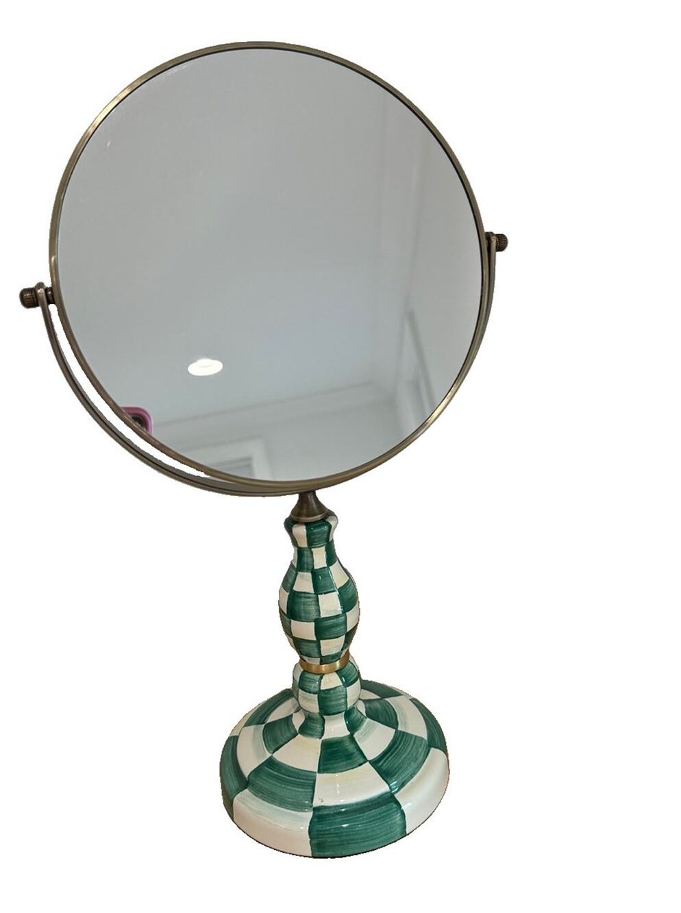 Mackenzie Childs Emerald Check Enamel Vanity Two-Sided Mirror Discontinued-Rare